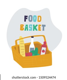 Shopping eco friendly bag with food. Food basket. Text on food basket. Foodstuffs in shipping bag. No plastic concept isolated on white. Zero waste.Vegetarianism.