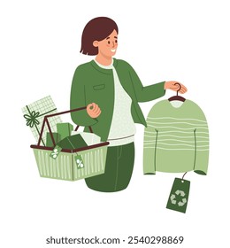Shopping. Eco friendly clothing sustainable fashion. Happy woman with shopping cart buying recycling textile, fashionable sweater. Vector illustration. Female shopper. Recycle and environmental care