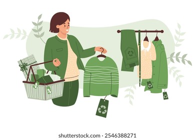 Compras. Vestuário eco amigável moda sustentável. Mulher comprando suéter na moda. Cabide com várias roupas feitas de material têxtil reciclado. Ilustração vetorial. Compradora consciente