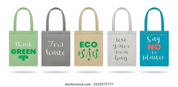 Conjunto de ecobag de compras. Bolsas para compras com slogans motivativos ecológicos e zero desperdício ilustração de vetor isolado