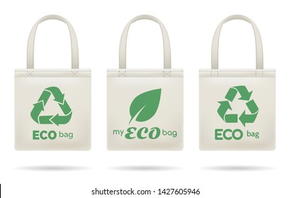 Shopping ecobags vector icons. Eco handbags for shopping, green fashion organic canvas recycled bags isolated on white background