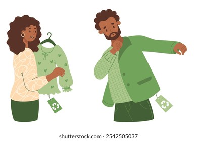 Shopping eco-friendly clothes. Black ethnic man trying on jacket and woman buying with blouse made from recycled material. Concept sustainable fashion. Vector illustration. Isolated buyer character
