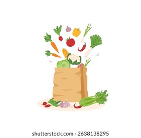 Shopping ecological paper bag with vegetables in it isolated on white background. Shopping concept. Healthy food concept. Delivery concept. Vector clipart.