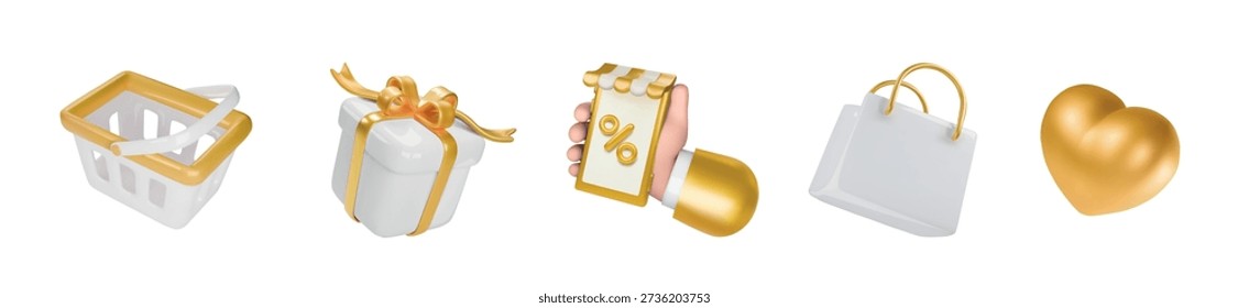 Shopping and e-commerce 3d icons set Gold and white luxury sale bag, shopping cart, paper bag, gift box, and smartphone with percent sign vector illustrations isolated
