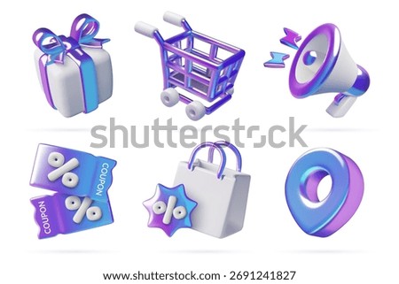 Shopping and e-commerce 3d icons set. Holographic gradient sale coupons, shopping cart, paper bag, gift box, megaphone and location pin realistic vector illustrations isolated on white background. 