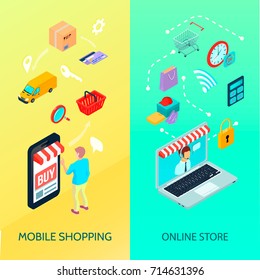 Shopping Ecommerce banner set with mobile shopping and online store descriptions vector illustration