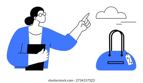Shopping, E-Commerce, Cloud-Speicher, digitaler Handel, Technologiekonzepte, Preisschilder. Frau in Blau, die einen Ordner hält und auf eine Wolke in der Nähe einer Handtasche mit einem Anhänger zeigt. Einkaufen und elektronischer Geschäftsverkehr