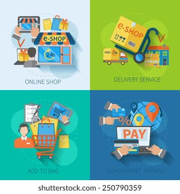 Shopping e-commerce concept design set with online delivery service convenient payment flat icons isolated vector illustration