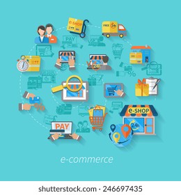 Shopping e-commerce concept with online byuing retail service icons flat vector illustration