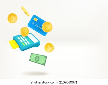 Shopping and ecommerce concept with payment terminal and money