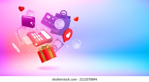 Shopping and ecommerce concept with payment terminal, coins, wallet, shopping bags. 3d vector landscape orientation banner with copy space