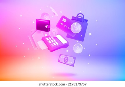 Shopping and ecommerce concept with payment terminal, coins, wallet, shopping bags. 3d vector illustration