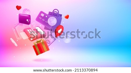 Shopping and ecommerce concept with payment terminal, coins, wallet, shopping bags. 3d vector landscape orientation banner with copy space