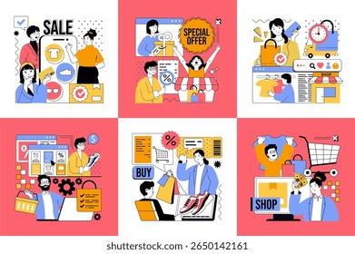 Shopping and Ecommerce concept of social media banners set for web design. People buying in online stores, making purchases with bargain discount prices, paying credit card. Vector illustrations.