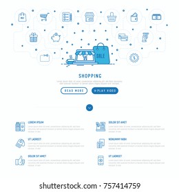 Shopping, e-commerce concept with thin line icons: cashbox, payment, pos terminal, piggy bank, sale, currency, credit card, trolley. Vector illustration, template for web page.