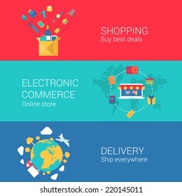 Shopping e-commerce delivery concept flat icons set of online order electronic store shipment and vector web banners illustration print materials website click infographics elements collection