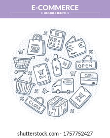 Shopping and e-commerce Doodle icons with round shape, Trendy and lovely hand drawn style isolated on white background 