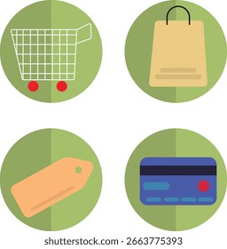 Shopping and E-commerce Flat Icons Set – Tan Green Theme