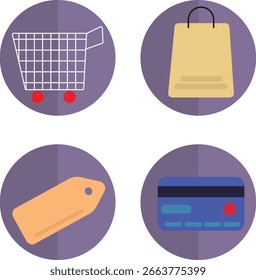 Compras e e-commerce conjunto de ícones planos - Tema roxo acinzentado