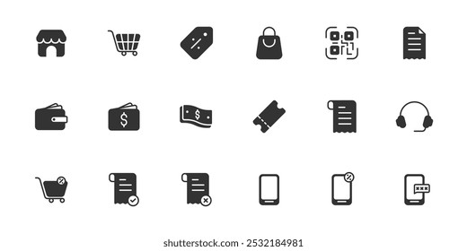 Shopping and e-commerce glyph icon set. Marketplace shop store icon set. Online shopping, retail, payment services icon. Mobile apps, website interface icon