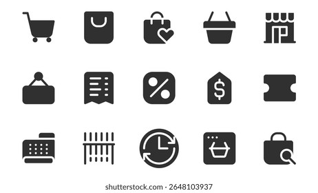 Shopping and e-commerce glyph icons pack for web design. Solid icon set with supermarket cart, bag, wish list, basket, shop, coupon, bill, discount, checkout and more pictograms. Vector illustration.