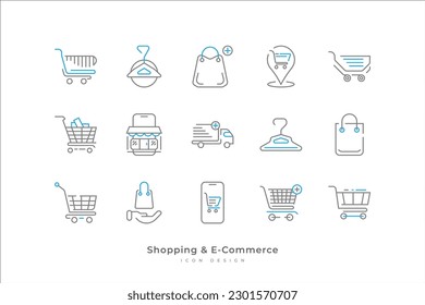 Shopping and E-Commerce Icon Collection with Line Style. Contains Cart, Shopping Basket, Delivery Truck, Store and More