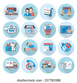 Shopping e-commerce icon flat set with express delivery online retail store isolated vector illustration