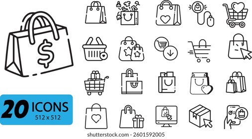 Shopping and E-commerce Icon Set: 20 Outline Vector Illustrations