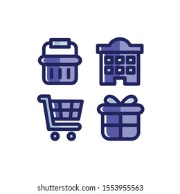 Shopping & E-Commerce Icon Set with Basket, Hotel, Gift, and Cart, Vector illustrations.