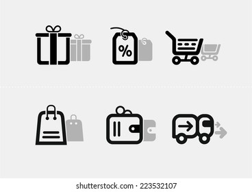 Shopping and e-commerce icon set in black color. Gift tag shopping trolley bag purse with money delivery car