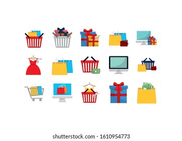 Shopping and ecommerce icon set design of Commerce market store shop retail buy paying banking and consumerism theme Vector illustration