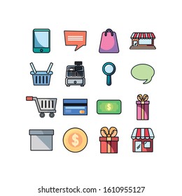 Shopping and ecommerce icon set design of Commerce market store shop retail buy paying banking and consumerism theme Vector illustration