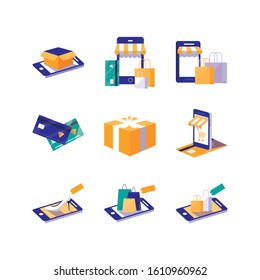 Shopping and ecommerce icon set design of Commerce market store shop retail buy paying banking and consumerism theme Vector illustration