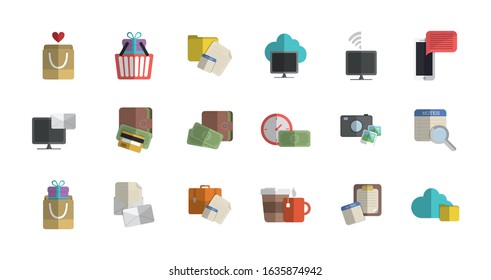 Shopping and ecommerce icon set design of Commerce market store shop retail buy paying banking and consumerism theme Vector illustration