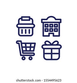 Shopping and E-Commerce Icon Set with Hotel, Gift, Cart and Shopping Basket, Vector Illustrations.