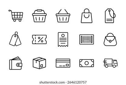 Shopping and e-commerce icon set includes shopping trolley, shopping baskets, barcode, cash money, sale tags, package box, and many more. Perfect for online shopping, store, and retail designs.
