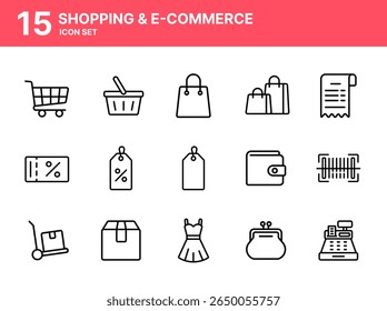 O conjunto de ícones de compras e comércio eletrônico inclui ícones essenciais como carrinhos de compras, bolsas, etiquetas de preço, cartão de crédito no estilo de ícone de linha. Perfeito para comércio eletrônico, aplicativos de varejo e mercados on-line.	