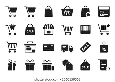 Shopping and e-commerce icon set in simple black style