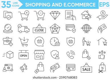 Shopping and e.commerce icon set.Commonly, Delivering, Store, Marketing, Money, E-commerce, mobile websites, retail, cart, checkout, delivery elements and more.Vector and illustrator set.