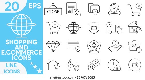 Shopping and e.commerce icon set.Commonly, Delivering, Store, Marketing, Money, E-commerce, mobile websites, retail, cart, checkout, delivery elements and more.Vector and illustrator set.