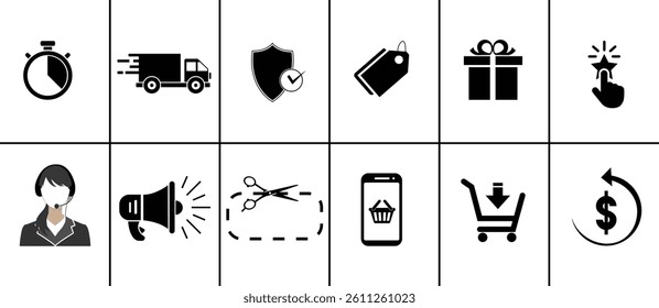 Shopping and E-commerce Icon vector Set in Black and White