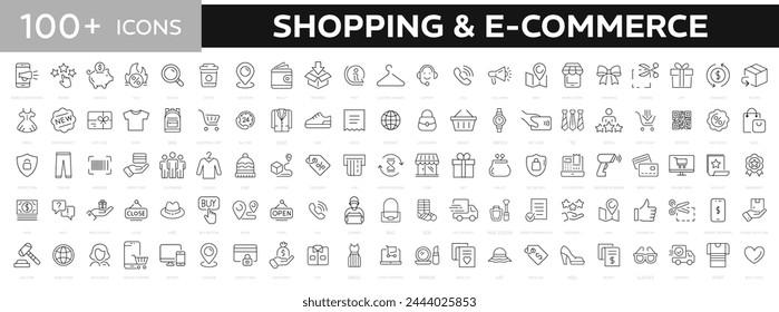 Shopping and E-commerce icons set. 100+ web icons. Business, mobile shop, digital marketing, bank card, gifts, sale, delivery. Vector illustration