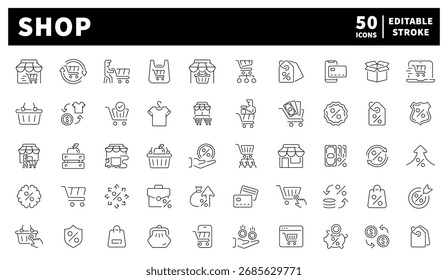 Shopping and e-commerce icons set – linear, editable line icons for retail and sales