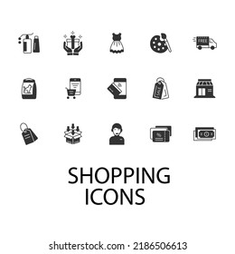 compras, e-commerce iconos set . compras, paquetes de comercio electrónico símbolos vectores para web infográfica