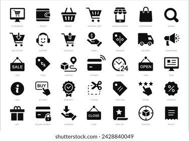 Conjunto de iconos de compras y comercio electrónico. Comercio electrónico, Compras, Tienda, Pago icono plano. E-Business y compras en línea. Vector