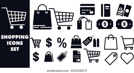 Conjunto de iconos de compras y comercio electrónico. Comercio electrónico, compras, tienda, pago icono plano Conjunto de iconos relacionados con las compras, comercio electrónico, regalos, supermercado, venta. Colección de iconos sólidos