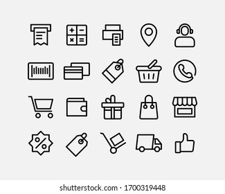 Los iconos de compras y comercio electrónico establecen el estilo de línea vectorial, trazo editable