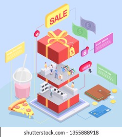 Shopping e-commerce isometric concept with image of sliced gift box with human characters and goods vector illustration