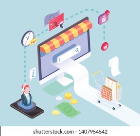 Shopping e-commerce isometric concept with pictogram icons images of smart electronic devices and cash symbols vector illustration