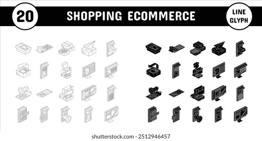 Línea de comercio electrónico de compras Glyph Ilustración vectorial Icon Set de pegatinas Materiales de diseño